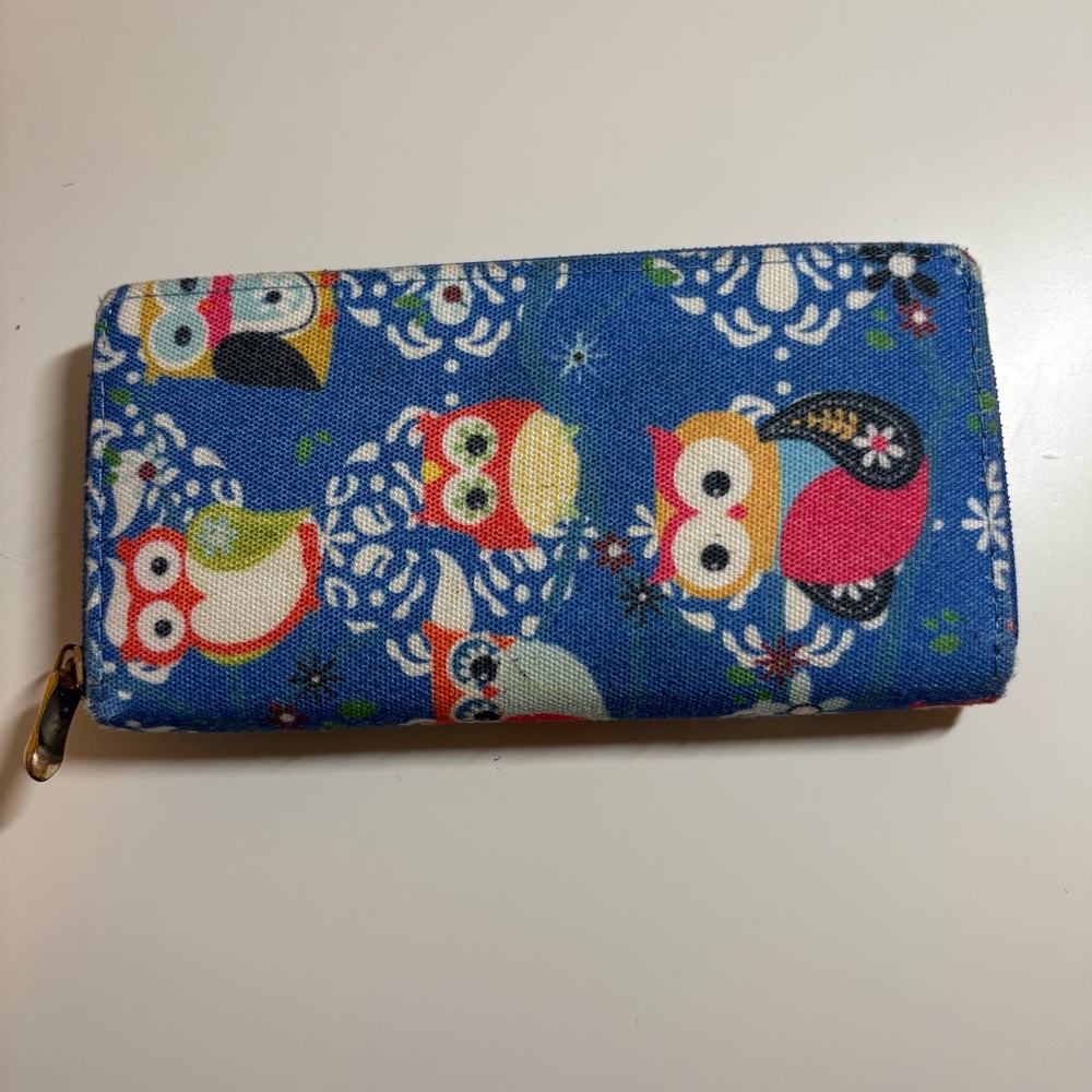 Owl Print Wallet Blue Background Zippered Closure Coin Pocket Card Holder